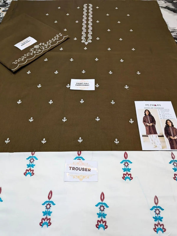 Elegant Brown Embroidered Lawn Suit – Luxury Collection