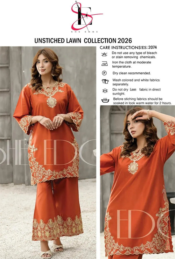 Elegant 2-Piece Orange Embroidered Lawn Suit – Sophisticated Festive Wear