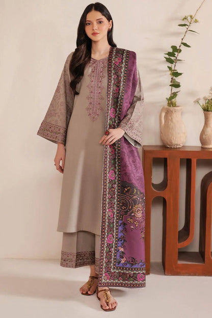 Elegant Brown Embroidered Dhanak 3-Piece Suit with Wool Printed Dupatta
