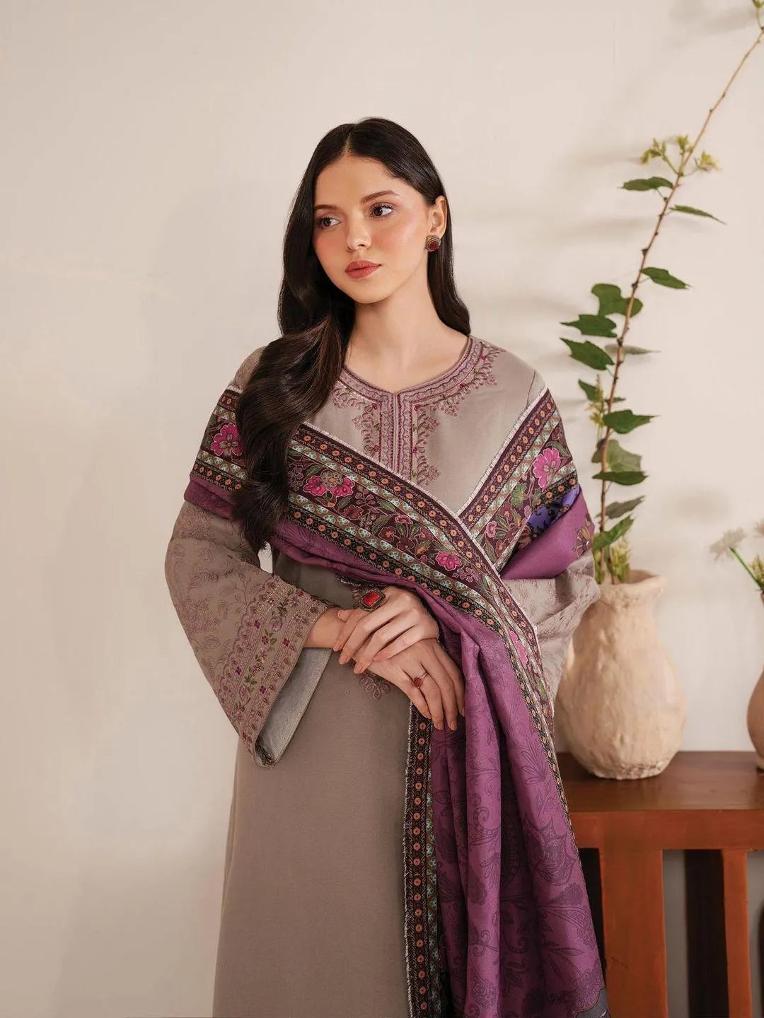 Elegant Brown Embroidered Dhanak 3-Piece Suit with Wool Printed Dupatta