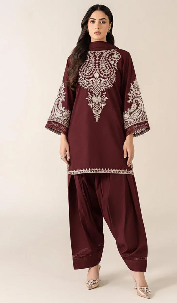 2-Piece Maroon Embroidered Lawn Suit – Elegant Festive Wear