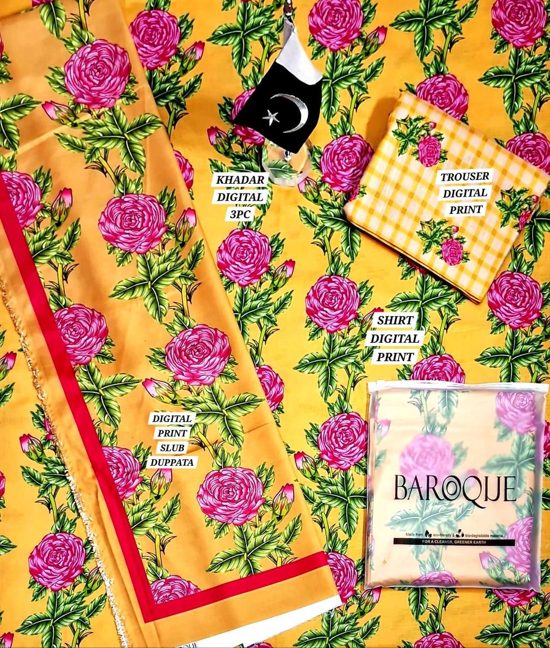 ✨Radiate Elegance: 3-Piece Yellow Khaddar Digital Print Suit – Shine Like Sunshine!✨