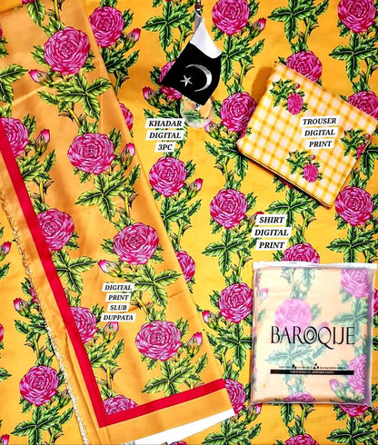 ✨Radiate Elegance: 3-Piece Yellow Khaddar Digital Print Suit – Shine Like Sunshine!✨