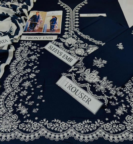 Royal Blue Embroidered Dhanak 3-Piece Suit with Wool Digital Dupatta