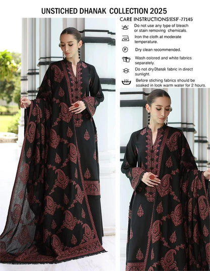 Luxury Black Embroidered Dhanak 3-Piece Suit with Patch Work & Dupatta