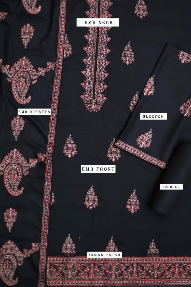 Luxury Black Embroidered Dhanak 3-Piece Suit with Patch Work & Dupatta
