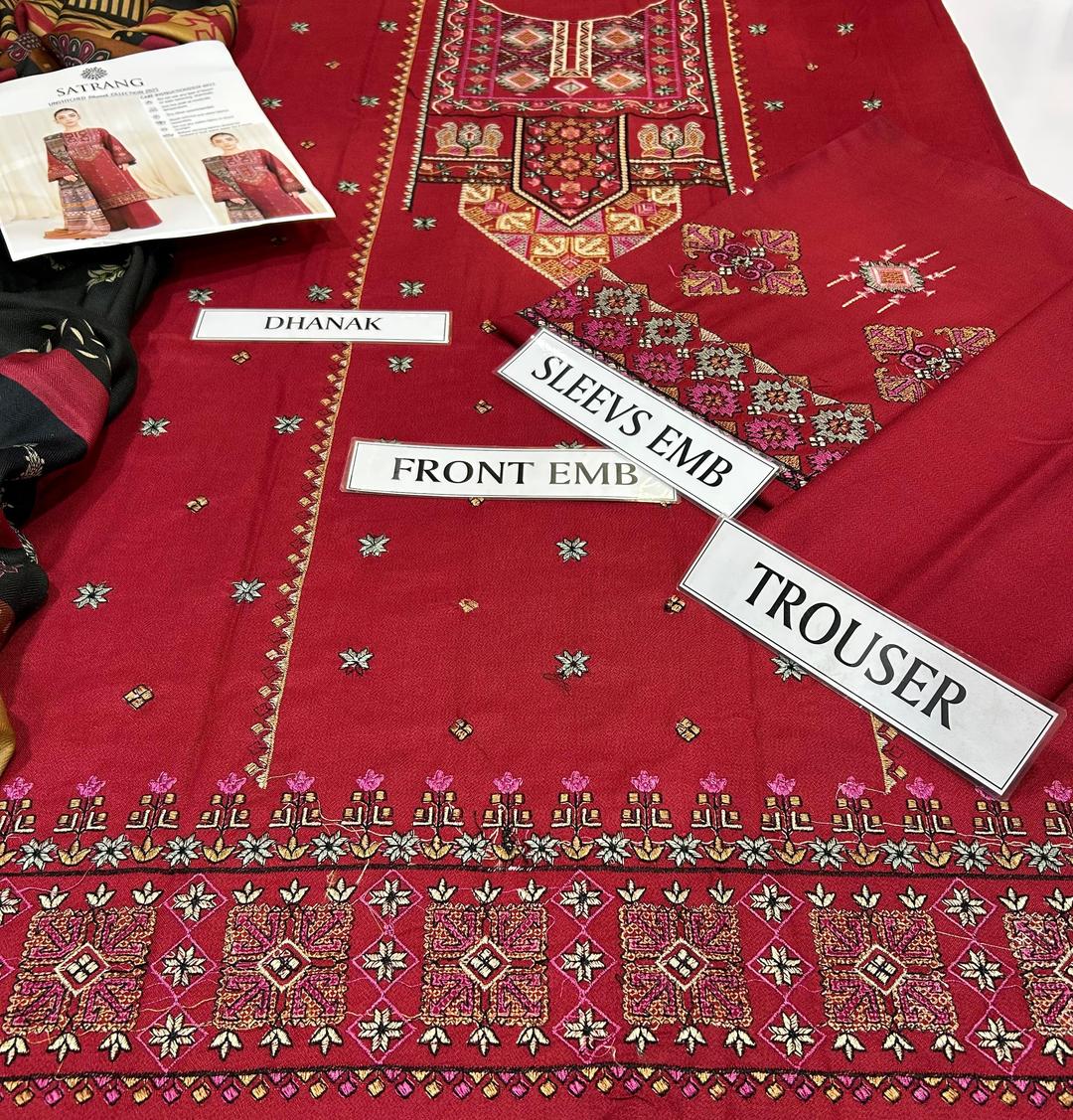 Majestic Maroon Embroidered 3-Piece Dhanak Suit – Iconic Winter Elegance