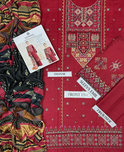 Majestic Maroon Embroidered 3-Piece Dhanak Suit – Iconic Winter Elegance