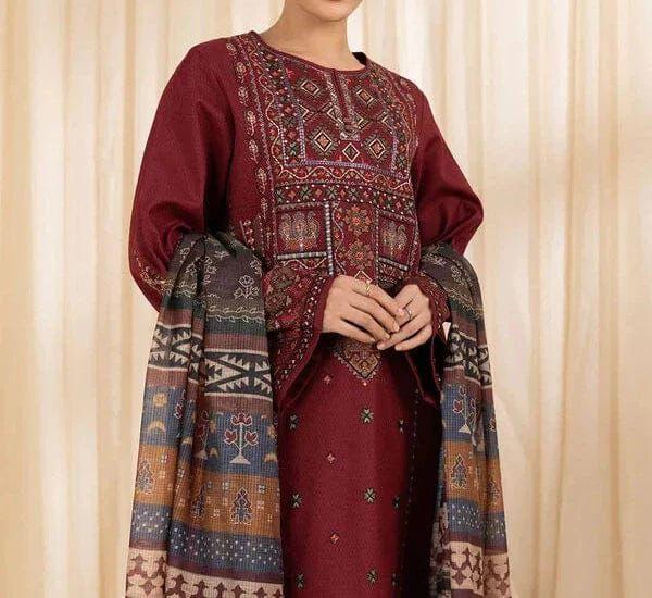 Majestic Maroon Embroidered 3-Piece Dhanak Suit – Iconic Winter Elegance