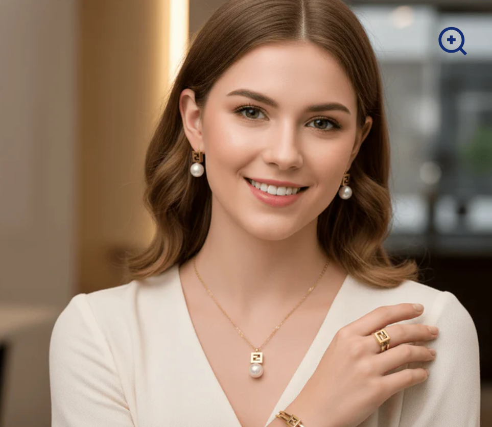 Liora™ Pearl Drop Square Pendant 4-Piece Jewelry Set – Necklace, Bracelet, Ring & Earrings