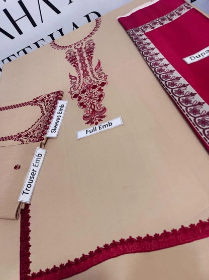 Elegant Dhanak Embroidered 3-Piece Winter Suit – Timeless Warmth & Style