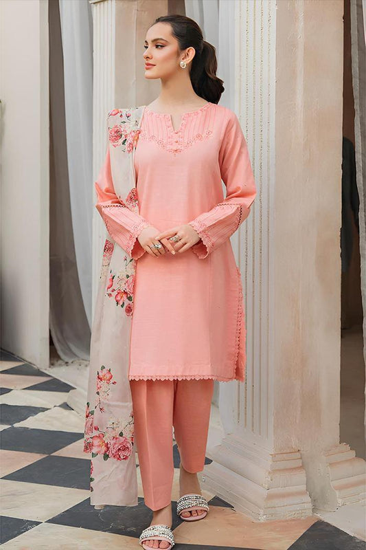 Premium Peach Dhanak Embroidered 3-Piece Winter Suit – Pashmina Digital Dupatta Elegance