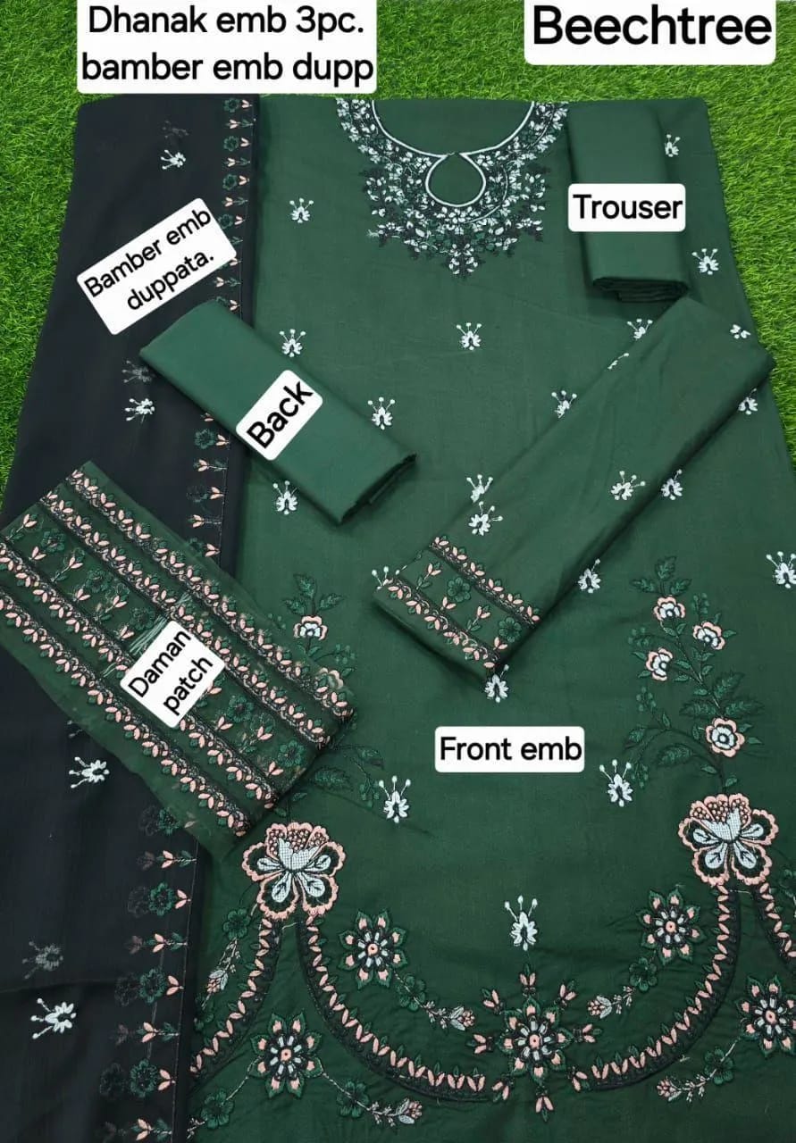 Elegant Green Dhanak Embroidered 3-Piece Winter Suit – Bamber Embroidered Dupatta Edition