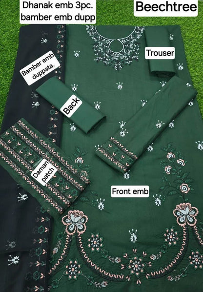 Elegant Green Dhanak Embroidered 3-Piece Winter Suit – Bamber Embroidered Dupatta Edition