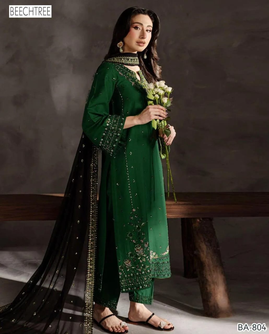 Elegant Green Dhanak Embroidered 3-Piece Winter Suit – Bamber Embroidered Dupatta Edition