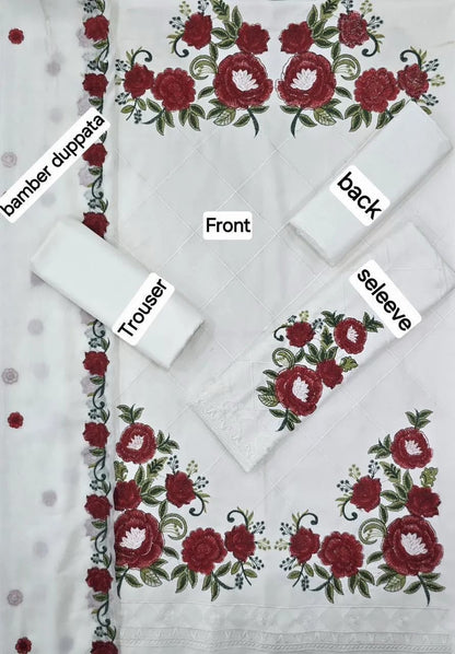 Luxury White Dhanak Embroidered 3-Piece Winter Suit – Bamber Embroidered Dupatta Edition