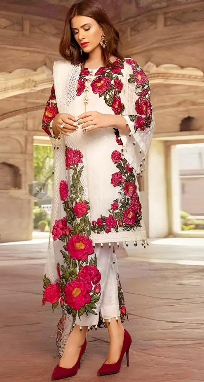 Luxury White Dhanak Embroidered 3-Piece Winter Suit – Bamber Embroidered Dupatta Edition
