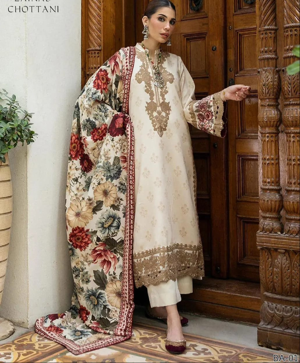 Elegant Off-White Dhanak Embroidered 2-Piece Winter Suit – Timeless Grace Edition