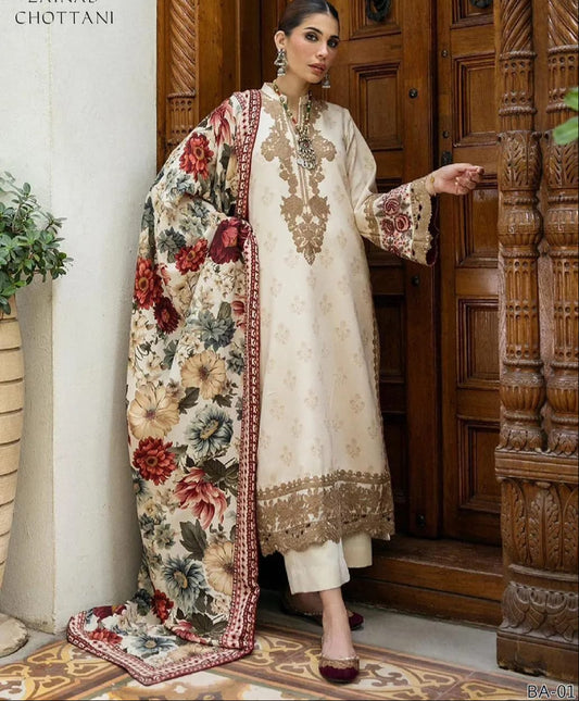 Elegant Off-White Dhanak Embroidered 2-Piece Winter Suit – Timeless Grace Edition
