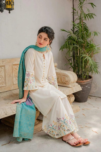 Off-White Dhanak Embroidered 3-Piece Winter Suit with Wool Digital Dupatta
