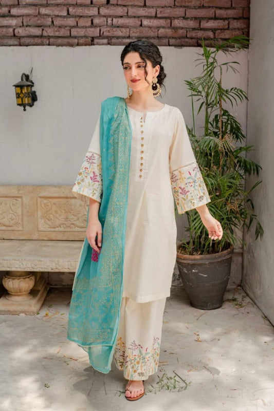 Off-White Dhanak Embroidered 3-Piece Winter Suit with Wool Digital Dupatta