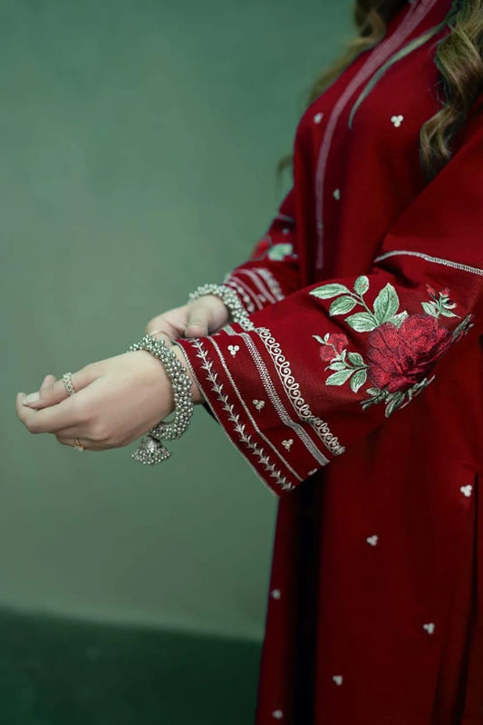 Maroon Dhanak Embroidered 2-Piece Winter Suit – Grace Meets Luxury