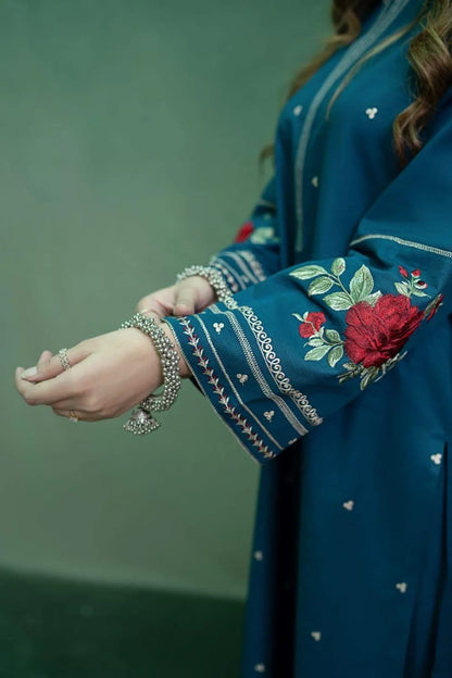 Blue Dhanak Embroidered 2-Piece Winter Suit – Elegant, Warm & Timeless
