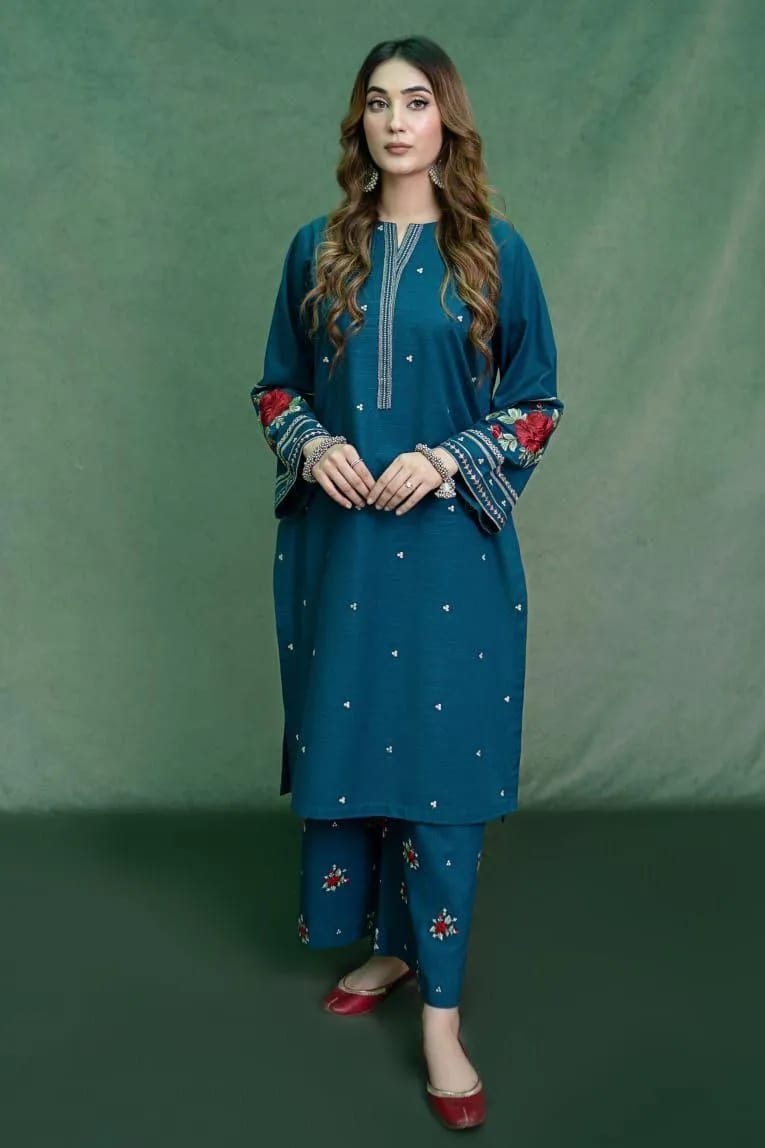 Blue Dhanak Embroidered 2-Piece Winter Suit – Elegant, Warm & Timeless