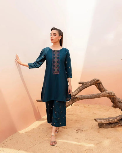 Blue Dhanak Embroidered 2-Piece Winter Suit – Soft, Stylish & Sophisticated
