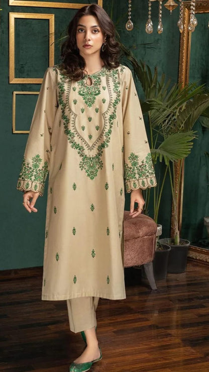 Beige Dhanak Embroidered 2-Piece Winter Suit – Soft, Elegant & Timeless