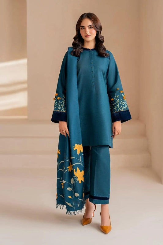 Blue Dhanak Embroidered 3-Piece Winter Suit with Wool Dupatta – Warm, Elegant & Premium