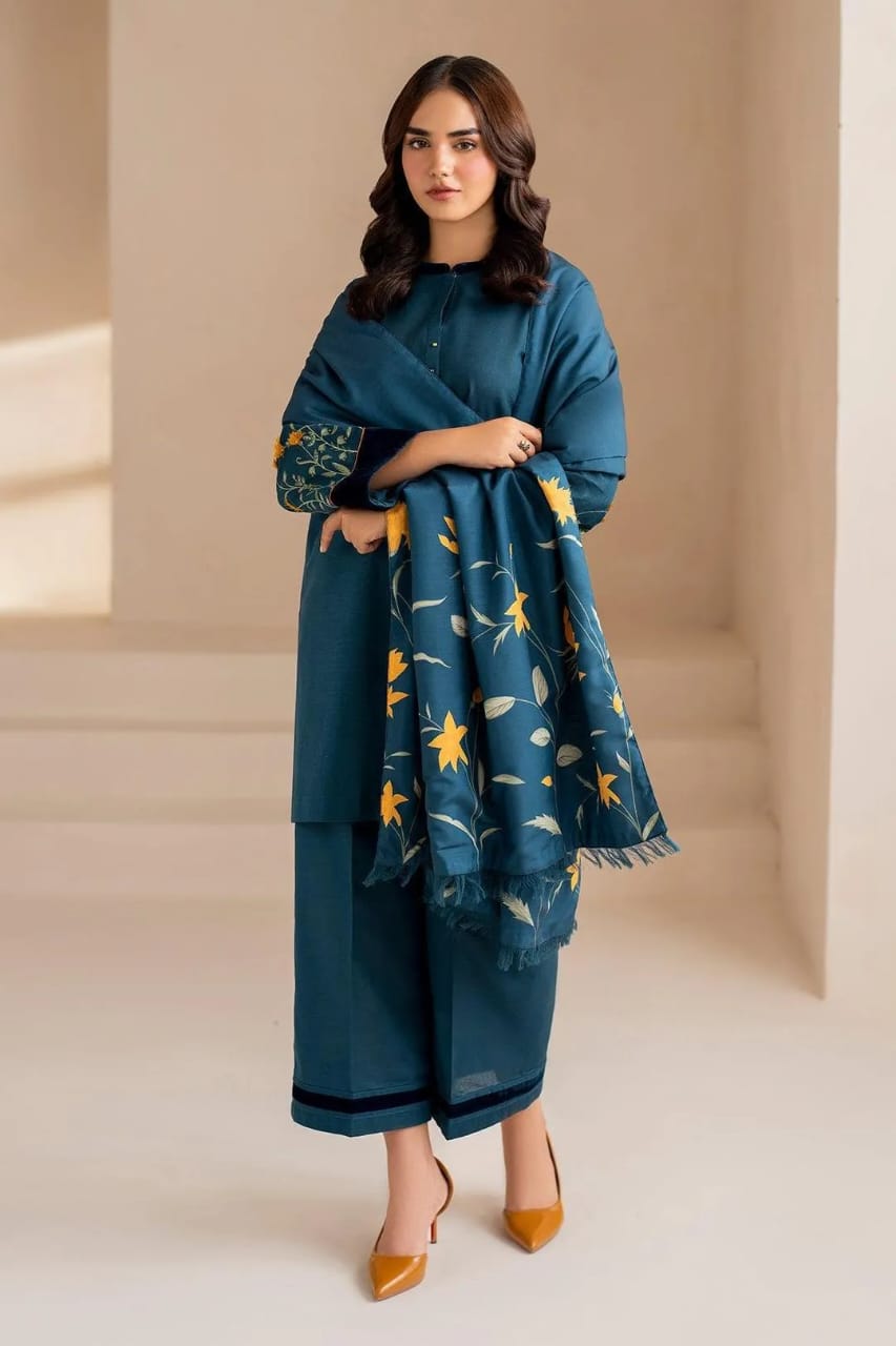Blue Dhanak Embroidered 3-Piece Winter Suit with Wool Dupatta – Warm, Elegant & Premium