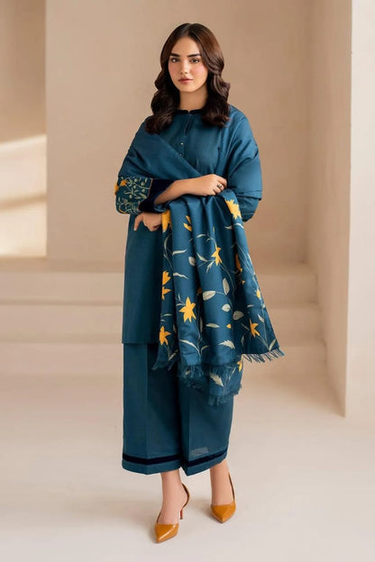 Blue Dhanak Embroidered 3-Piece Winter Suit with Wool Dupatta – Warm, Elegant & Premium