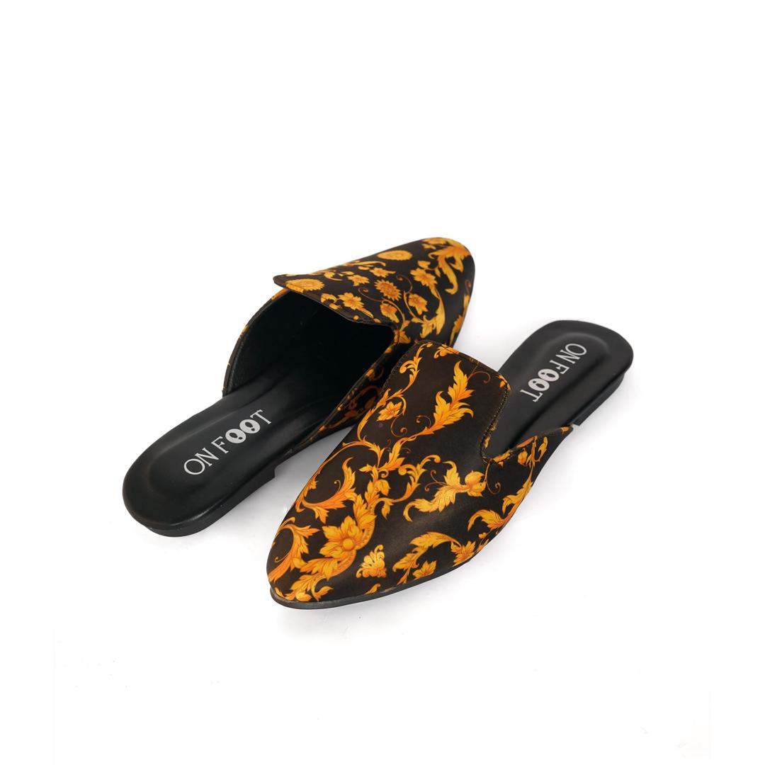 GlamHive™ Black Printed Fabric Mules – Chic Style & Effortless Comfort for Every Occasion