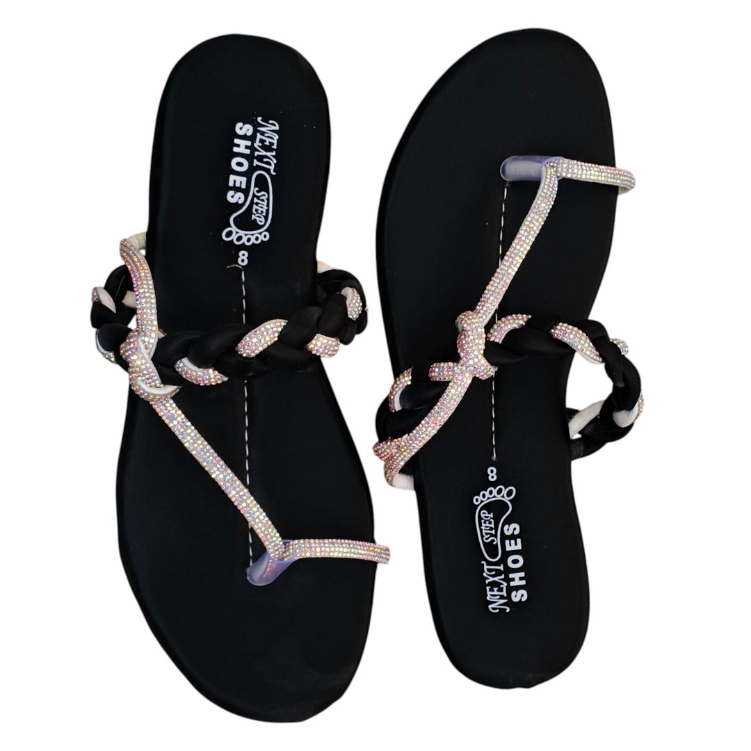 “GlamHivePK™ Black Satin Rhinestone Kolhapuri – Elegant Formal Women’s Chappal 💎 | Free Delivery 🚚”