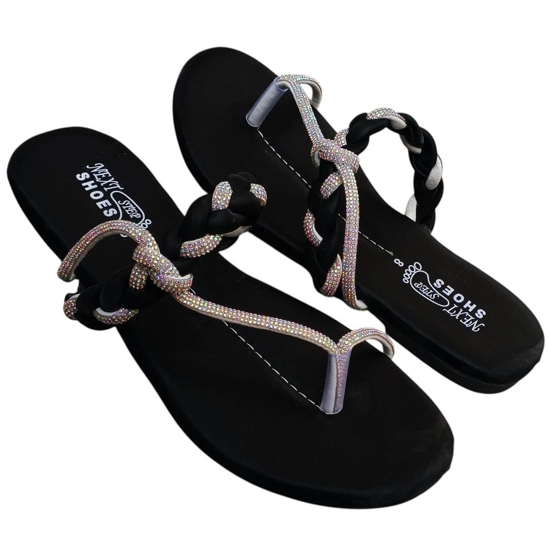 “GlamHivePK™ Black Satin Rhinestone Kolhapuri – Elegant Formal Women’s Chappal 💎 | Free Delivery 🚚”