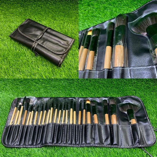 24-Piece Professional Makeup Brush Set with Leather Pouch – Smooth Synthetic Bristles for Flawless Application
