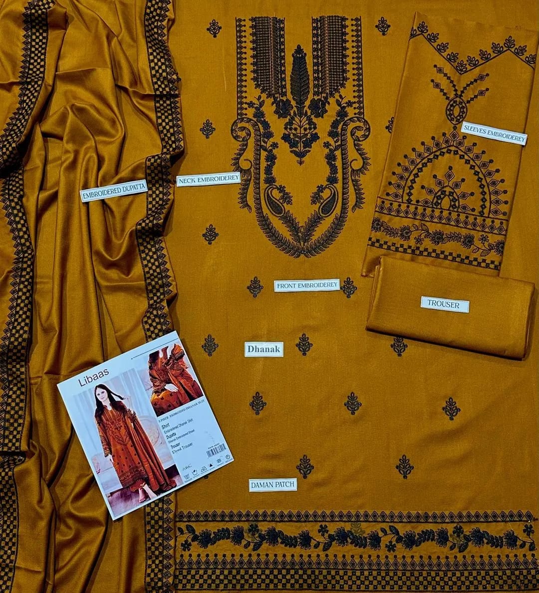 Luxury Mustard Embroidered Dhanak 3-Piece Suit – Winter Royal Collection