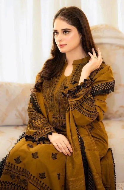 Luxury Mustard Embroidered Dhanak 3-Piece Suit – Winter Royal Collection