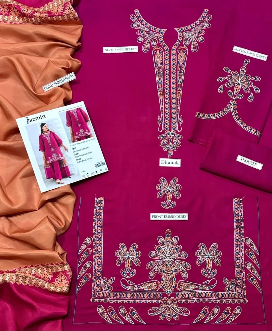 Elegant Pink Embroidered Dhanak 3-Piece Suit – Winter Luxe Edition