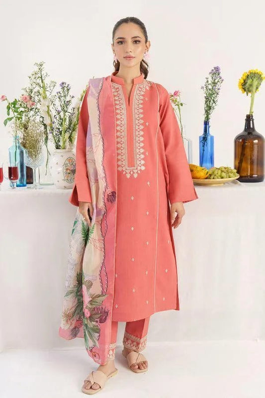 Luxury Peach Embroidered Dhanak 3-Piece Suit – Winter Grace Collection