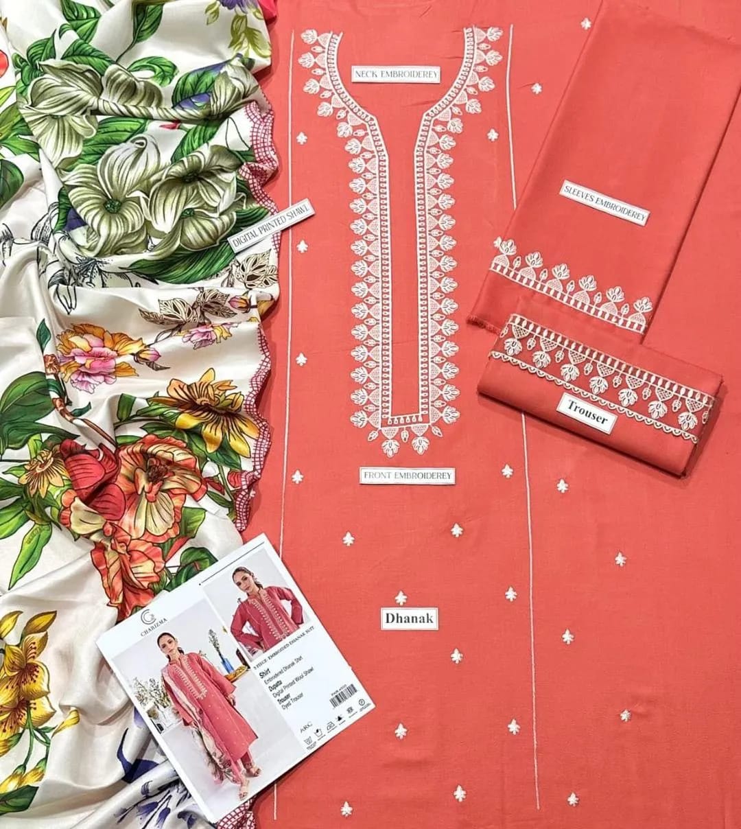 Luxury Peach Embroidered Dhanak 3-Piece Suit – Winter Grace Collection