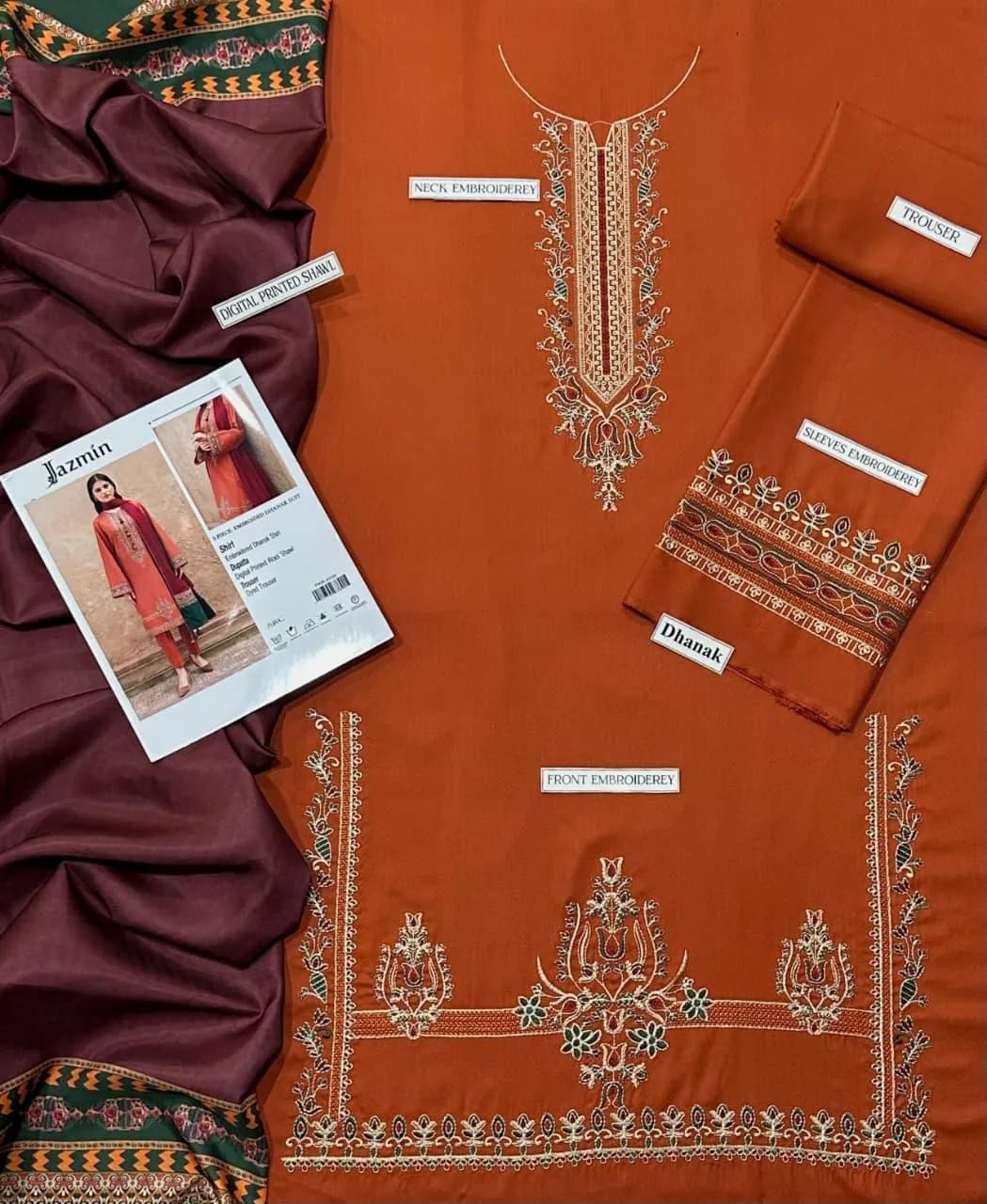 Premium Dhanak Embroidered 3-Piece Winter Suit – Orange Elegance with Wool Digital Dupatta