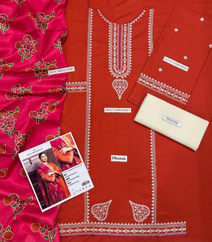 Luxury Dhanak Embroidered 3-Piece Winter Suit – Orange Glow with Wool Digital Dupatta