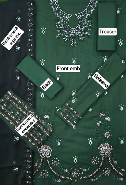Elegant Green Dhanak Embroidered 3-Piece Winter Suit – Bamber Embroidered Dupatta Edition