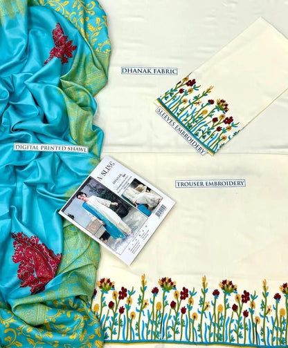 Off-White Dhanak Embroidered 3-Piece Winter Suit with Wool Digital Dupatta