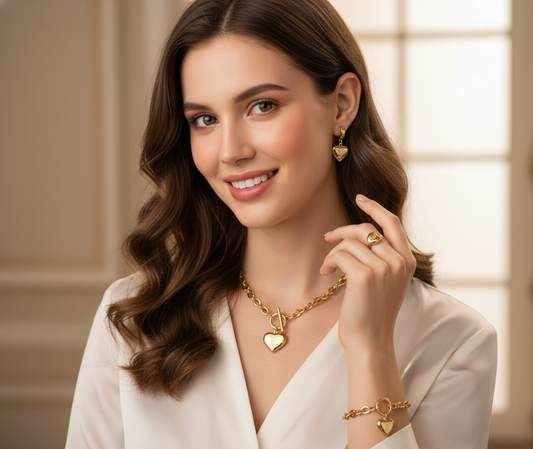 Heart Lock Pendant 4-Piece Jewelry Set – Necklace, Bracelet, Ring & Earrings