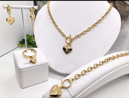 Heart Lock Pendant 4-Piece Jewelry Set – Necklace, Bracelet, Ring & Earrings